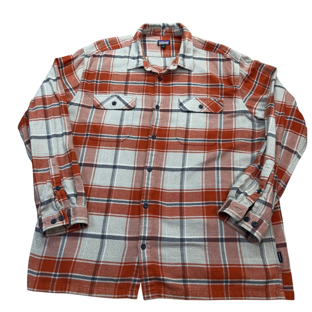 Patagonia Fjord Flannel Mens XXL Orange Gray Plaid Organic Cotton 2017 53947